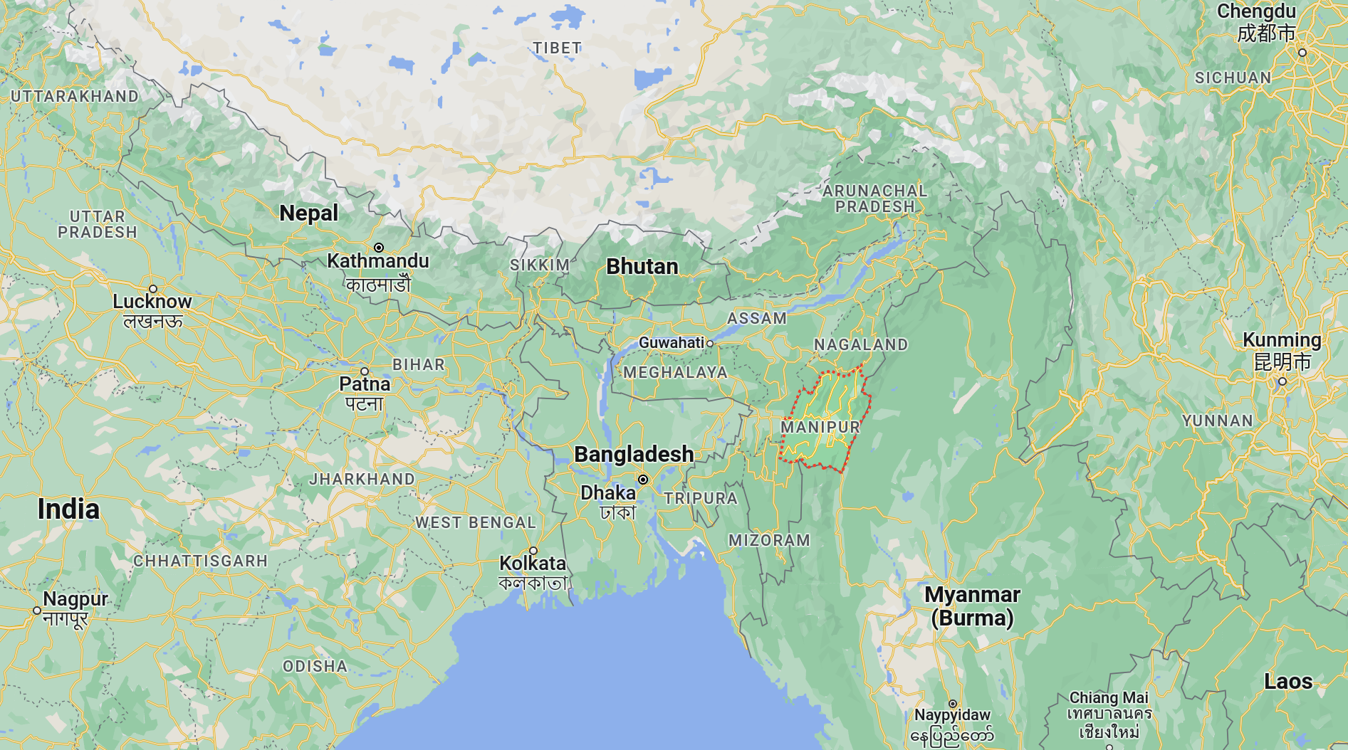 Location of Manipur in India adjacent to Myanmar (Source: Google Maps)