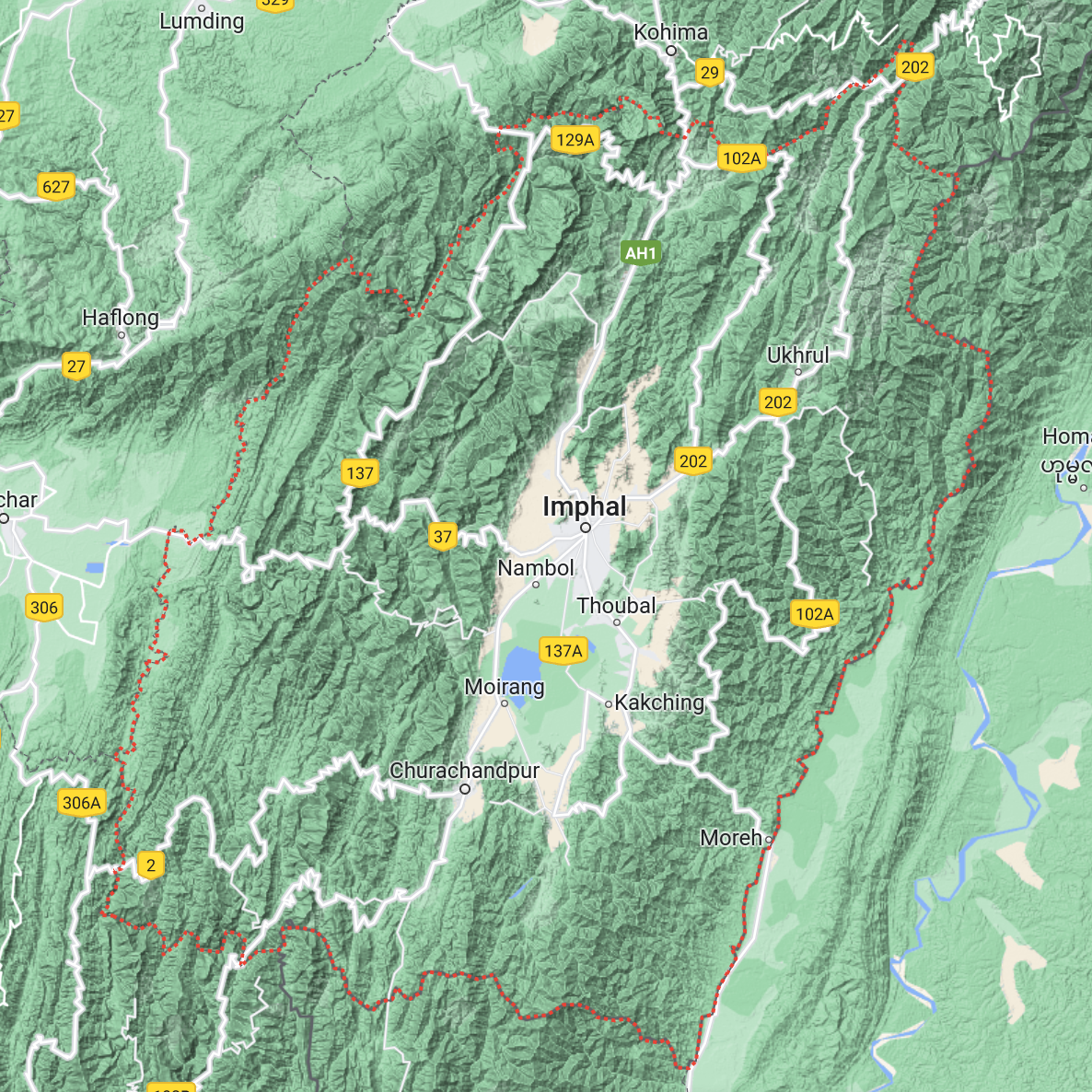 The terrain of Manipur (Source: Google Maps)