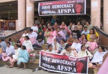 Why AFSPA in a Democratic Country like India ? Demonstration at Ima Keithel, Imphal organized in observation of 11 years completion of Sharmila’s fast demanding repeal fo AFSPA.