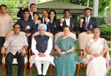 Indian Olympic Heroes meet PM and Sonia Gandhi The Prime Minister, Dr. Manmohan Singh with the London Olympic Medal winners, at a function, in New Delhi on August 17, 2012. The Minister of State (Independent Charge) for Youth Affairs and Sports, Shri Ajay Maken, the Chairperson, National Advisory Council, Smt. Sonia Gandhi and Smt. Gursharan Kaur are also seen.